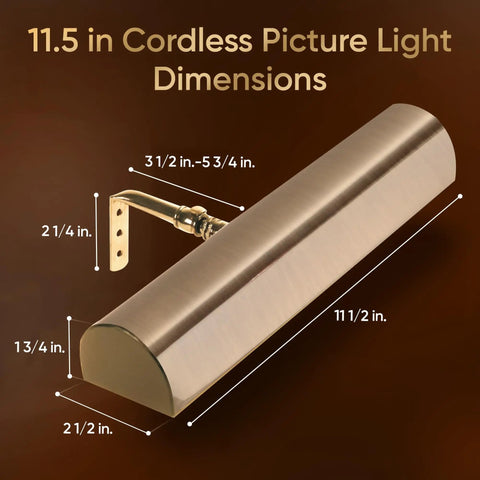 Cordless Led Picture Light With Remote Control 11 And A Half Inch Antique Brass With Silver Undertones dimensions