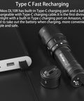 DL10R Dive Light 4500 Lumens Beast Mode Underwater Flashlight with removable battery and Type C charging cable on black background.