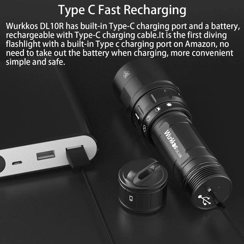 DL10R Dive Light 4500 Lumens Beast Mode Underwater Flashlight with removable battery and Type C charging cable on black background.