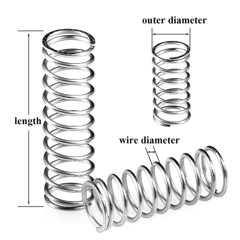 Super Durable 392 Piece Compression Spring Assortment Kit With 24 Different Sizes, High Grade Stainless Steel Mini Springs For DIY Projects And Home Repairs, Super Easy Plastic Storage Case Keeps Everything Organized And Ready To Go. stainless steel compression springs with length, outer diameter and wire diameter labels