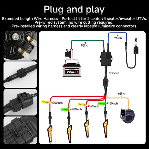 Diagram of Universal UTV Turn Signal Kit With Horn, Hazard Lights, And Lever Column Switch, Plug And Play Prewired ATV Blinker.