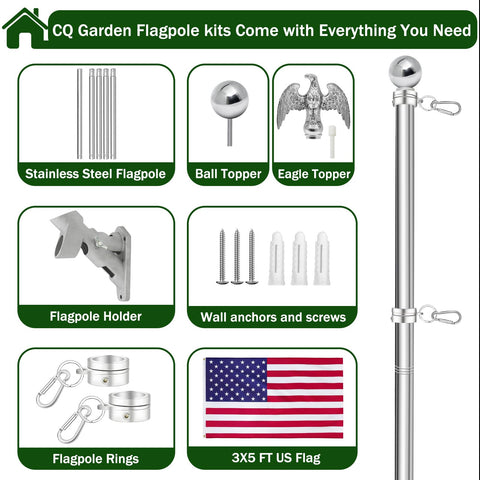 Sturdy 6 Foot Stainless Steel Flag Pole Kit With 1.25 Inch Diameter Built To Weather The Wind And Last For Years Rustproof And Corrosion Resistant Outdoor Flagpole With Holder Includes Embroidered US Flag For Home Or Biz Use, kit components displayed