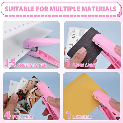 Lightweight Pink One Quarter Inch Hole Punch for various materials including paper, bank cards, postcards, showing 15-sheet capacity.