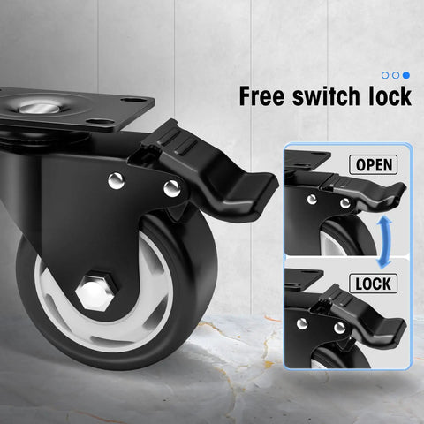 Built Tough 3 Inch Swivel Plate Casters With Secure Wheel Brakes and Smooth Double Ball Bearings for Heavy Duty Cart Work. Close-up of locking mechanism.