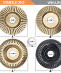 Four Piece Wood Carving Disc Set For 4 Inch Or Four And A Half Inch Angle Grinders With Five Eighth Inch Arbor Heavy Duty Wood Shaping And Cutting Grinding Discs For Woodworking Pro Grade Carving Discs Attachment showing front view of discs with dimensions.