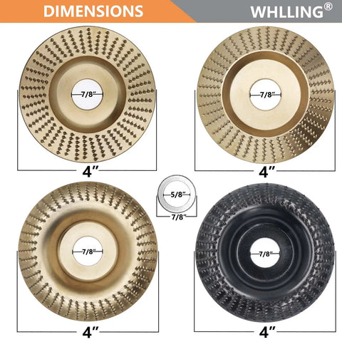 Four Piece Wood Carving Disc Set For 4 Inch Or Four And A Half Inch Angle Grinders With Five Eighth Inch Arbor Heavy Duty Wood Shaping And Cutting Grinding Discs For Woodworking Pro Grade Carving Discs Attachment showing front view of discs with dimensions.