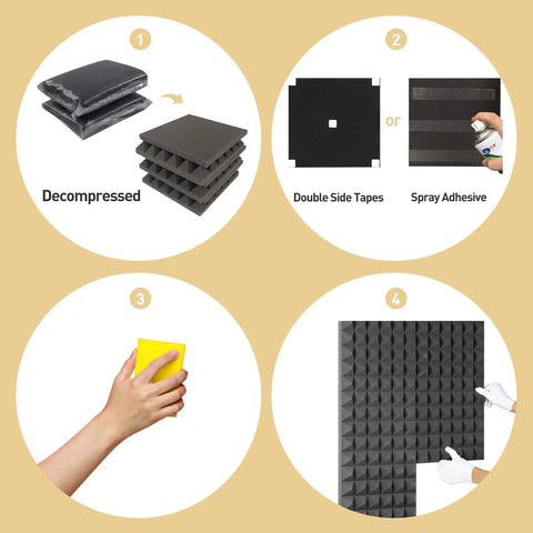 Straight Up Pro Grade Pyramid Acoustic Foam Panels 36 Pack Sound Dampening Wall Tiles 12 By 12 By 2 Inch Thick installation process steps