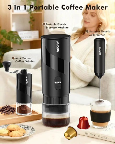 All In One Portable Coffee Maker Set With Mini Electric Espresso Machine, Manual Grinder And Electric Milk Frother