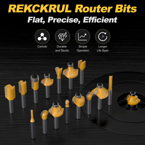 15 Piece Router Bit Set With 1/4 Inch Shank Pro Grade Tungsten Carbide Construction, various bits displayed on black background