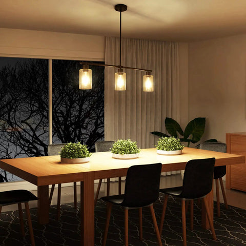 Dining room with Three Light Modern Chandeliers For Kitchen Island Pendant Lighting With Adjustable Height Industrial Style Fixtures.