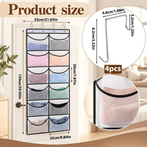 Over The Door Pocket Organizer With 12 Roomy Mesh Pockets And Heavy Duty Hooks Stores Hoodies Shoes, 150cmx55cm size info.