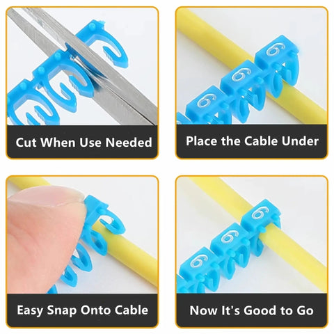 Clip-On Cable Marker Kit for 1.5 to 6.0 mm2 cables with color coded imprint 0 to 9, showing steps to snap markers on cable.