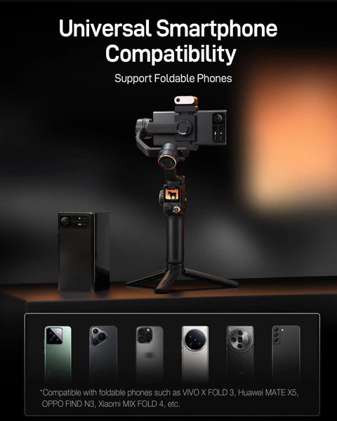 Phone Gimbal Stabilizer With AI Tracking And Detachable One Point Four Inch Touchscreen Remote next to foldable phones