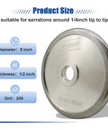 Knockout Heavy Duty 6 Inch Diamond Serration Grinding Wheel Half Inch Wide 200 Grit Knife Sharpener Tool dimensions and details.