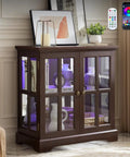 32 Inch Glass Liquor Cabinet With Seven Color LED Lights Smartphone Control Mirrored Display Panel Adjustable Shelves Dark Cherry Finish