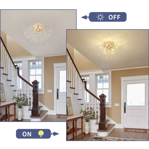 Sputnik Flush Mount Crystal Chandelier In Gold Finish Modern 8 Light Close To Ceiling Fixture For Bedroom Kitchen Hallway Entryway Sparkling Firework Design 11.8 Inch Height And 21.5 Inch Width