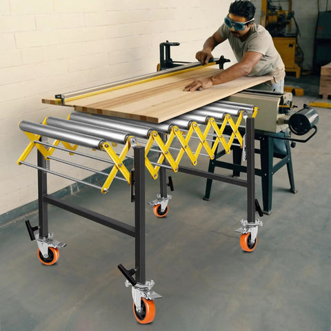 Boss Level Heavy Duty Portable Rolling Conveyor Table 660 Lb Load Capacity Expandable Roller Hauler With Smooth Casters No Sweat Material Moving Work Surface Station, adjustable height and length in use.