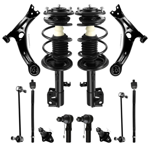 Front complete strut assembly kit in black for Toyota Corolla/Matrix; includes 2 struts and control arms.