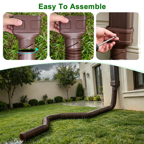 7ft Gutter Downspout Extension Flexible Pipe for Rainwater Drainage, Brown, installed on house downspout with garden view