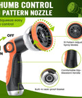 Garden hose nozzle with 10-pattern spray modes; orange and black handle, anti-kink grip