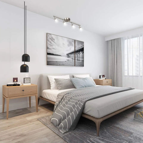 4-Light LED Track Lighting Kit With Flexible Rotatable Heads, matte nickel finish, installed in a modern bedroom ceiling
