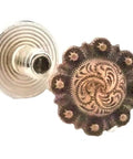 Top Shelf Antique Copper Knurled Cap Bolts 3/16 Inch Post With Half Inch Diameter Rock Solid Heavy Duty Fasteners For Quick Cabinet Setup No Sweat 10 Pack Bundle with floral design.