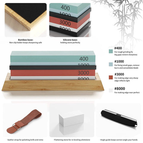 Pro Grade Knife And Axe Sharpening Stone Set With Four Sides Grit 400 1000 And 3000 8000 Plus Bamboo Base Flatting Stone Angle Guide And Leather Strop Waterstone Kit For Sharp Smooth Edges displayed with labels and components.