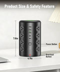Beefy 21 in 1 Heavy Duty Power Strip Tower With 16 Outlets And 5 USB Ports USB A And USB C on desk with size labels