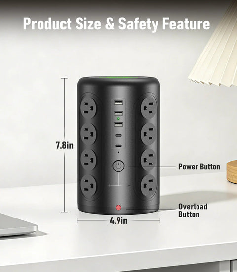 Power Strip Tower With 16 AC Outlets And 5 USB Ports, 6 Foot Cord, 21 In 1 Charging Station For Home Office Or College Dorm, Space Saving Surge Protector Hub For Multiple Devices, Fast USB A And USB C Charging. 7.8in x 4.9in tower with power and overload buttons