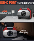 Vortex S6 Beast Cordless Tire Inflator Air Compressor on desk and in car charging, USB-C port, 45W fast charging