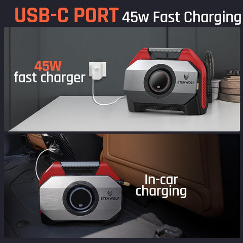 Vortex S6 Beast Cordless Tire Inflator Air Compressor on desk and in car charging, USB-C port, 45W fast charging