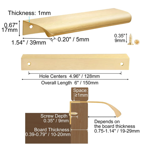 Diagram of Gold Edge Finger Pulls For Cabinets 6 Inch Set Of 10 Aluminium Concealed Tab Drawer Handles showing dimensions and installation details.