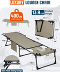Face Hole Tanning Lounge Chair For Outdoors Folding Chaise Lounger With Five Position Recline And Lay Flat Design For A Chill Beach Patio Or Poolside Beige, showing dimensions and features