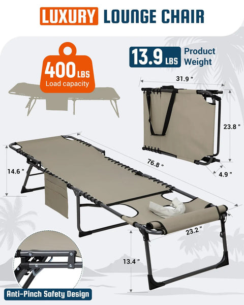 Face Hole Tanning Lounge Chair For Outdoors Folding Chaise Lounger With Five Position Recline And Lay Flat Design For A Chill Beach Patio Or Poolside Beige, showing dimensions and features