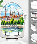 Elongated Resin Toilet Seat Quick Release for Bathroom features boat and cityscape design, 14.5 x 18.5 inches, stainless steel hinges.