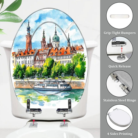 Elongated Resin Toilet Seat Quick Release for Bathroom features boat and cityscape design, 14.5 x 18.5 inches, stainless steel hinges.