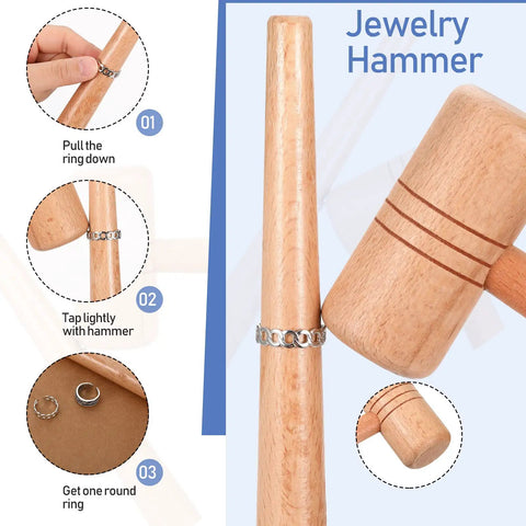 All In One Jewelry Making Tool Kit With Saw Frame And 144 Blades, Bench Pin Clamp, demonstrating ring crafting process with hammer