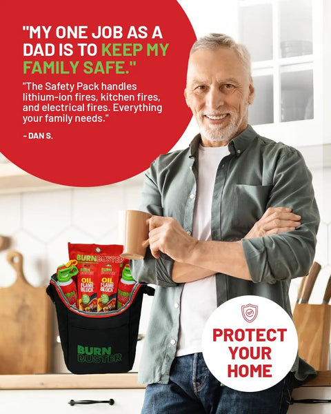 Man holding coffee with All-In-One Fire Safety Kit 6-Piece featuring gel, blankets, and sachets on kitchen counter.