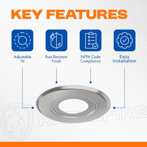 Chrome Extension Trim Ring For Recessed Fire Sprinkler Escutcheons displayed with features like adjustable fit and rust-resistant finish.