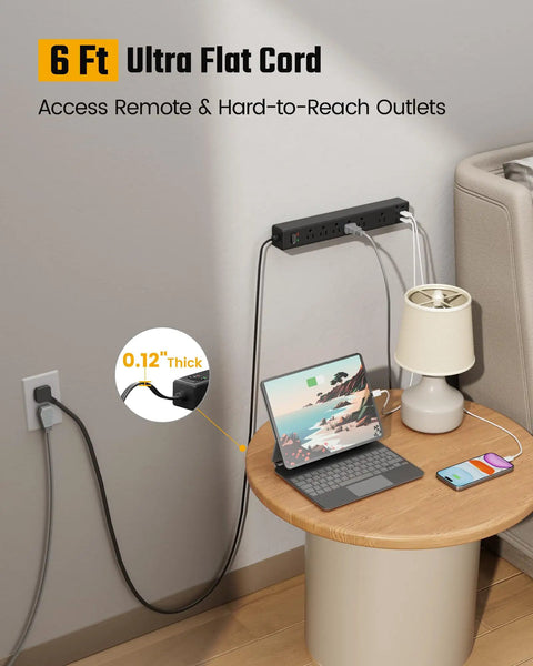 Power Strip With Nine Point Eight Foot Extension Cord And Surge Protector 5 Outlets 3 USB Ports Auto Smart Charging