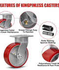 Rock Solid Six Inch Polyurethane Swivel Casters Heavy Duty Industrial Kingpinless Set Of Four With Seven Thousand Two Hundred Lbs Capacity For Moving Heavy Gear Daily features kingpinless yoke and grease fittings.