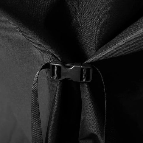 Close-up of cinch strap on Heavy Duty 28 Inch Griddle Cover with Hood for Flat Top Gas Grills, demonstrating secure fit.