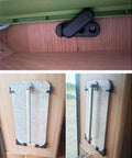 Hella Secure Rv Table Board Buckle Kit Featuring 180 Degree Rotating Lock Clips and Heavy Duty Triangle Brackets In Black mounted on wooden surface.