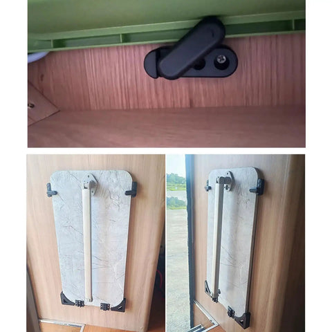 Hella Secure Rv Table Board Buckle Kit Featuring 180 Degree Rotating Lock Clips and Heavy Duty Triangle Brackets In Black mounted on wooden surface.