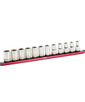 Fifteen And A Half Inch Magnetic Socket Rail Kit With Twist Lock Aluminum Holder For SAE And Metric Sockets Holds Twelve Per Rail Up To Thirty Six Sockets Across Three Rails For A Clean Go To Tool Box Setup showing red aluminum rail with sockets
