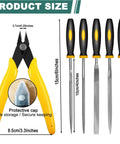 Front view of 11-piece deburring tool set with yellow-handled pliers and high-speed steel precision files