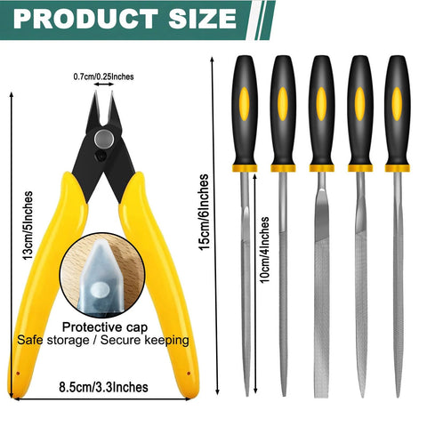 Front view of 11-piece deburring tool set with yellow-handled pliers and high-speed steel precision files