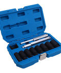 Heavy Duty Impact Lug Nut Removal Socket Kit For Effortless Wheel Lock Extraction Built With Chrome Molybdenum Steel To Bust Rusty Bolts And Stripped Nuts Quickly On Cars Trucks SUVs Boats And Home Projects Without Breaking A Sweat. blue case with 8 impact sockets