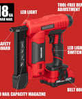 Cordless 18 Gauge Brad Nailer And Electric Stapler Duo With 2.0Ah Battery Charger showing LED light, safety guard, and tool-free depth adjustment.
