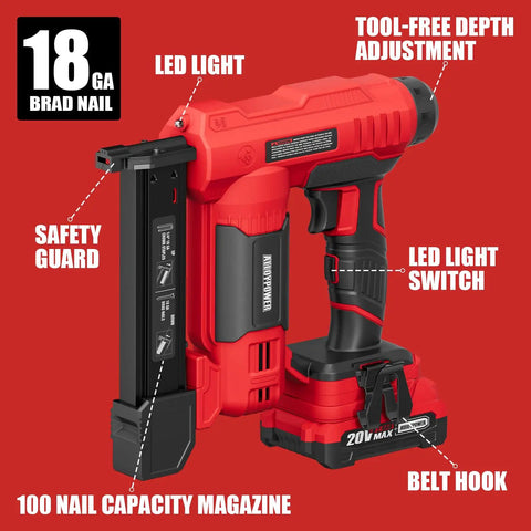 Cordless 18 Gauge Brad Nailer And Electric Stapler Duo With 2.0Ah Battery Charger showing LED light, safety guard, and tool-free depth adjustment.